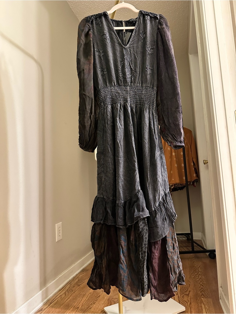 Young threads Smocked Waist Long Sleeve Maxi Dress - Black